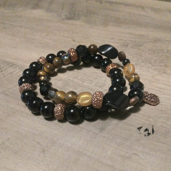 Set of 2 Black Tourmaline, Black Jasper and Tigers Eye Bracelets - Picture 1 of 5